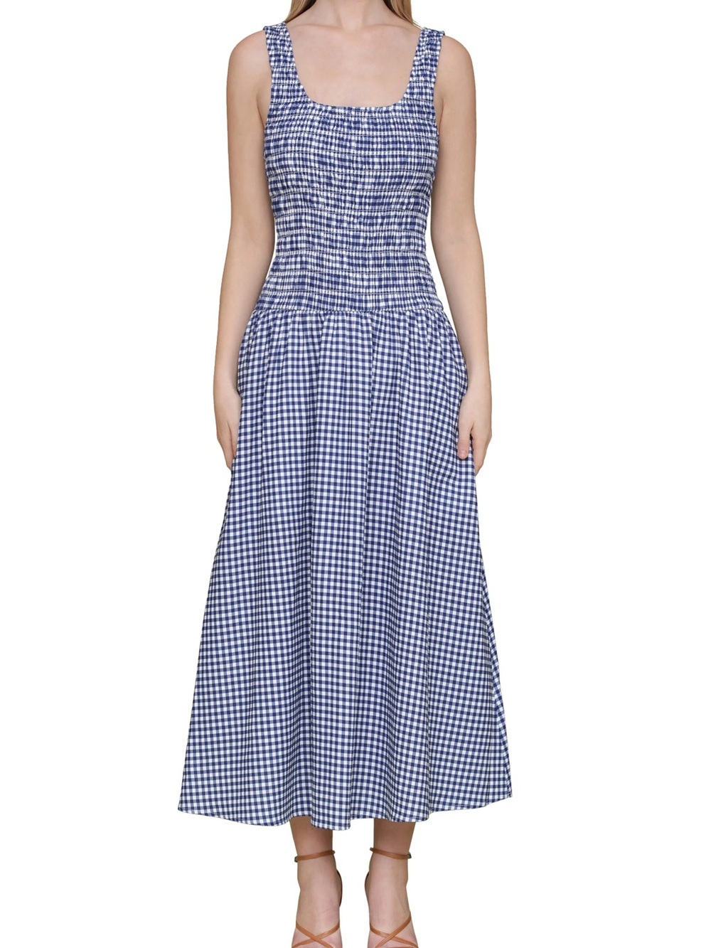 Avec Les Filles Blue and White Gingham Smocked Maxi Dress